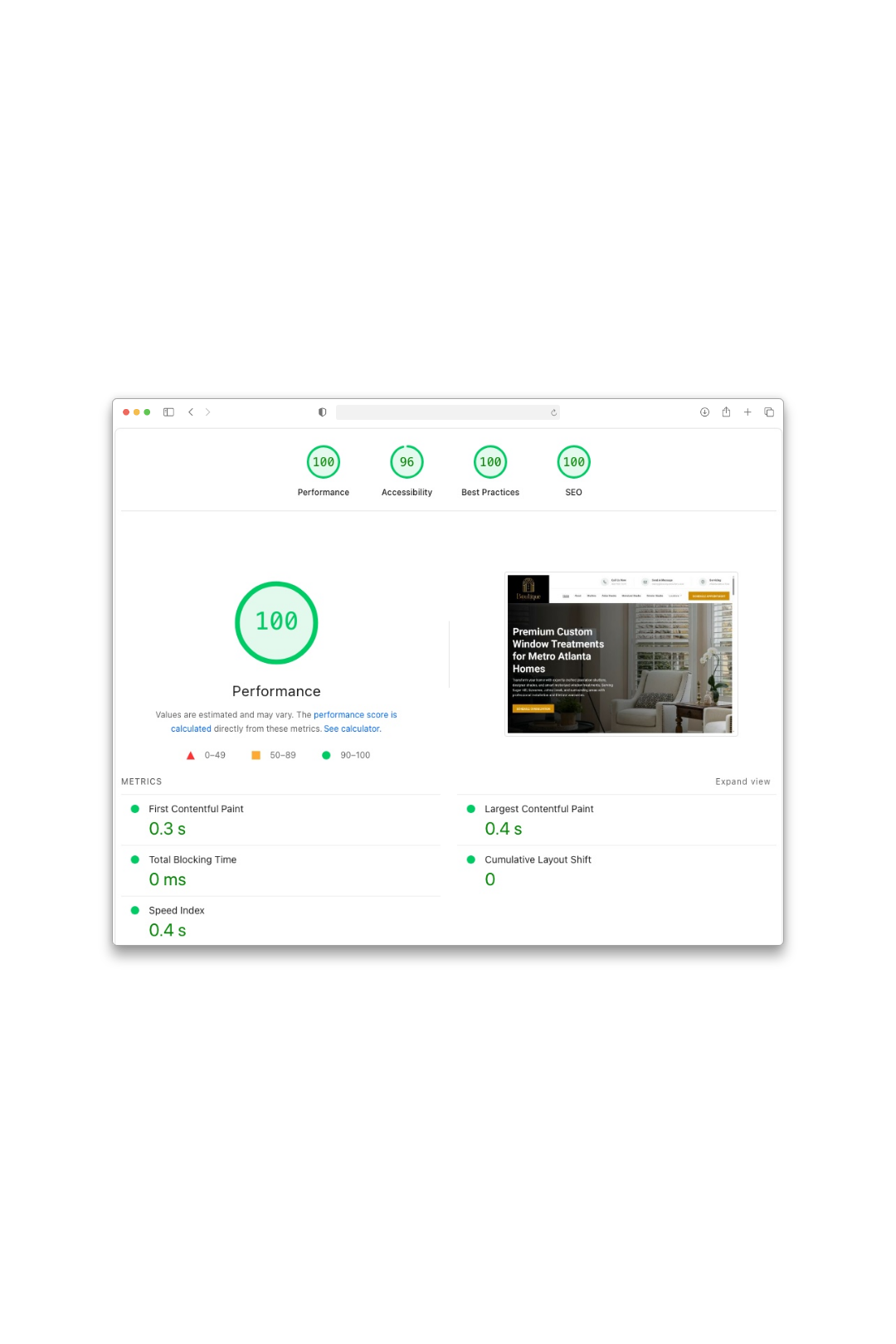 custom website design dashboard showing 90+ lighthouse score